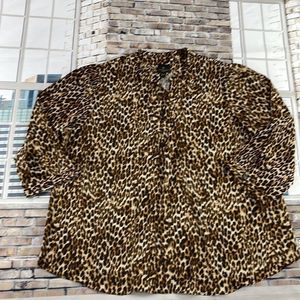 NWT Women’s Worthington Black & Brown Animal Print V Neck Blouse (PXXL) GE19